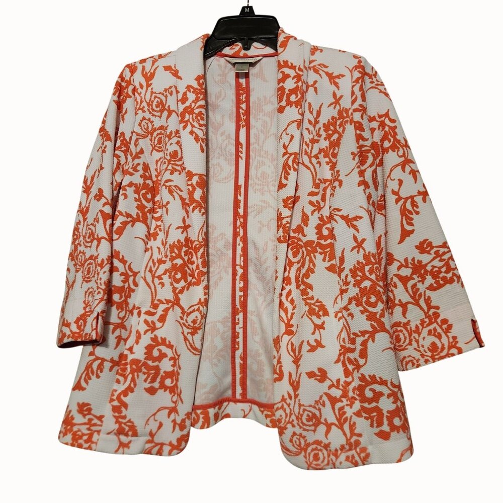 Floral Orange & White Open-Front Blazer Jacket Small with Pockets/Shoulder Pads